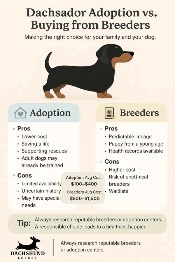 Infographic comparing adoption and buying from breeders for Dachsadors, showing pros
