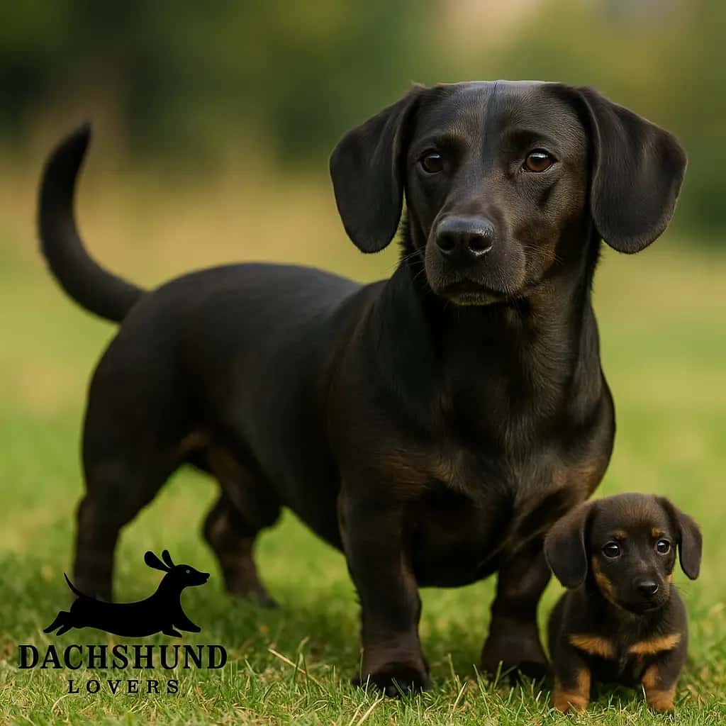 Dachsador puppy and adult, showing the Dachshund-Labrador mix with a long body, short legs,