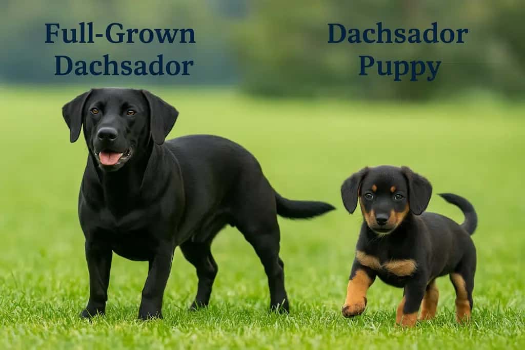 Side-by-side comparison of a Dachsador puppy and a full-grown Dachsador standing on grass
