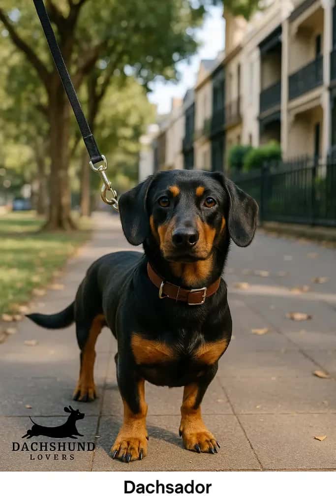 Dachsador standing on grass in a Surry Hills park with leafy trees, iron fences,