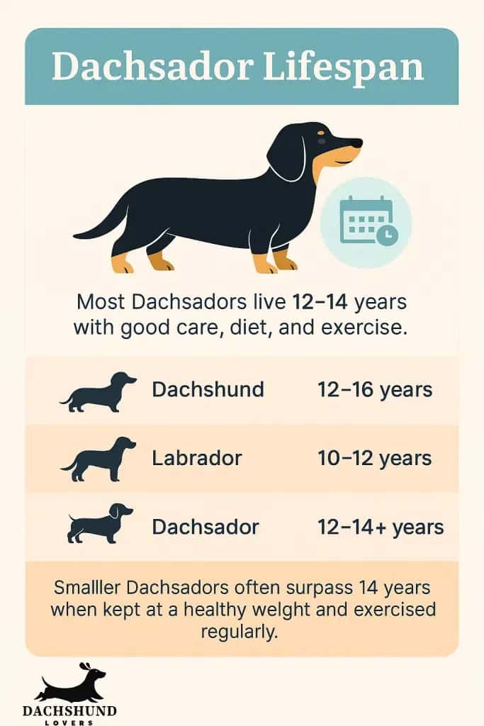 Dachsador lifespan: Dachshund 12-16y, Lab 10-12y, Dachsador 12-14+y. Care helps.