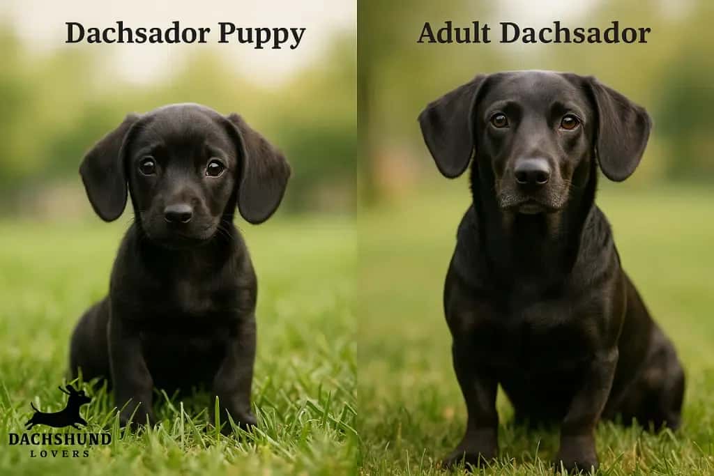 Dachsador puppy sitting on grass, showing its dachshund-like body, short legs, floppy Labrador ears