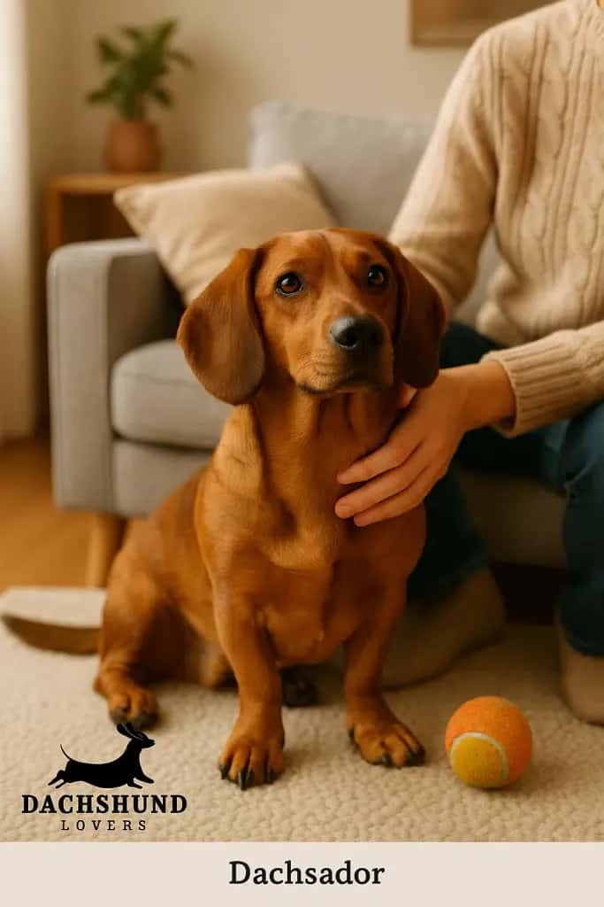 A brown Dachsador dog sits attentively by a person's side in a cozy living room. 
