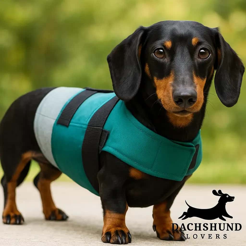 Dachshund wearing back brace for IVDD support and spine protection