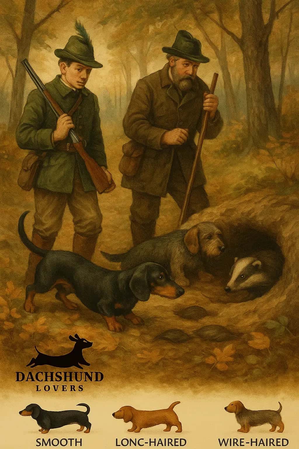 Illustration of dachshund badger hunting in a traditional style, depicting hunters and their dogs