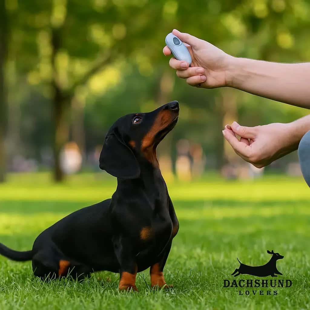 A dachshund sits on a grassy lawn in a park, focusing on a person holding a small clickea mood