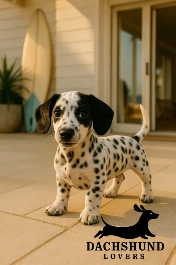A Dachshund Dalmatian mix puppy with a long dachshund body and Dalmatian spots 