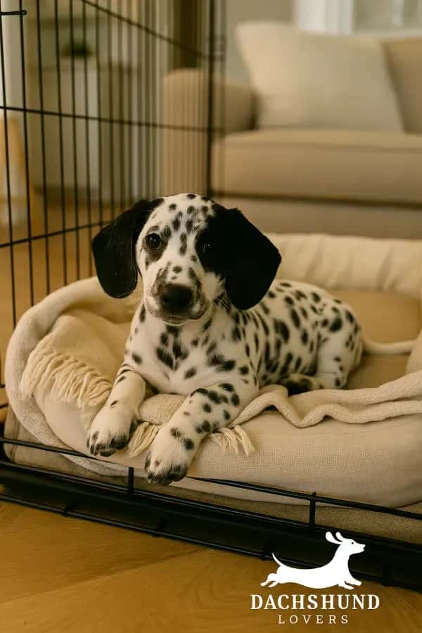 A spotted dachshund puppy rests on a soft beige cushion inside a black metal crate. 