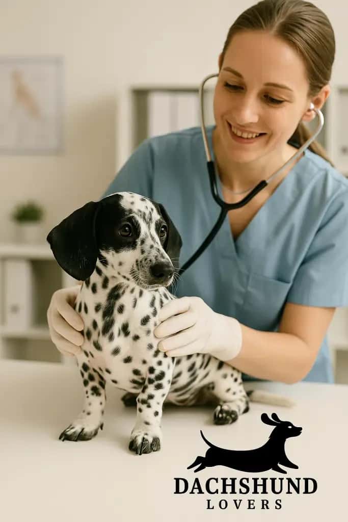 Vet in blue scrubs smiling at a sitting dalmatian puppy on exam table, wearing a stethoscope.