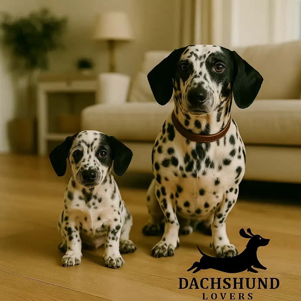 A Dachshund Dalmatian mix puppy sits beside a mature adult Dachshund Dalmatian mix 