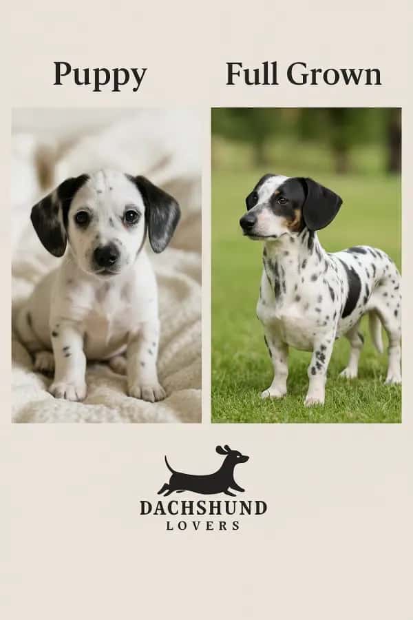 comparison of a Dachshund Dalmatian mix as a puppy and as a full-grown adult, showing growth