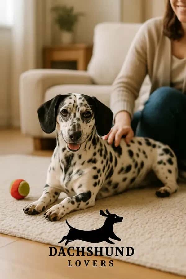 A Dachshund Dalmatian mix lying calmly on a rug in a cozy living room, showing a mix of loyalty,