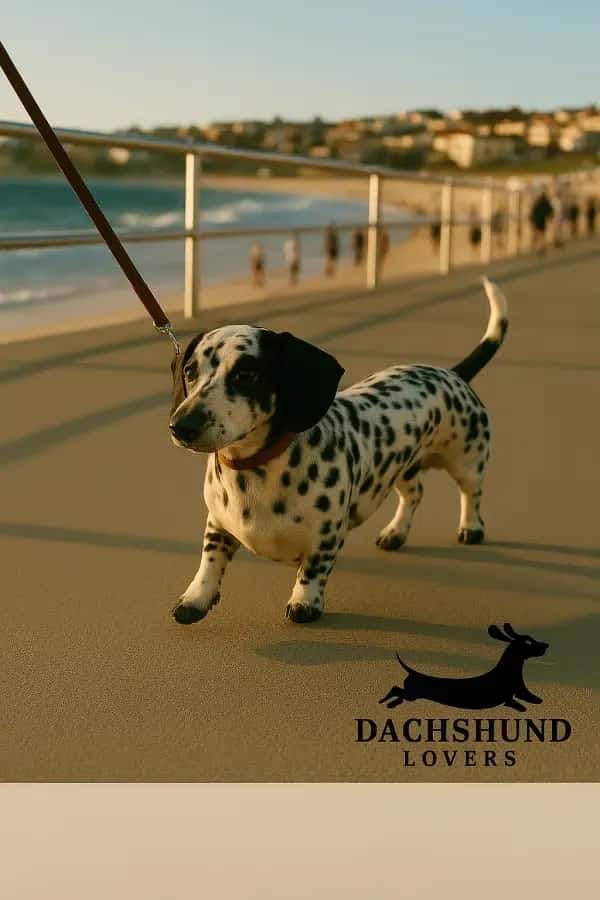 A Dachshund Dalmatian mix with a black-and-white spotted coat walks on the Bondi Beach