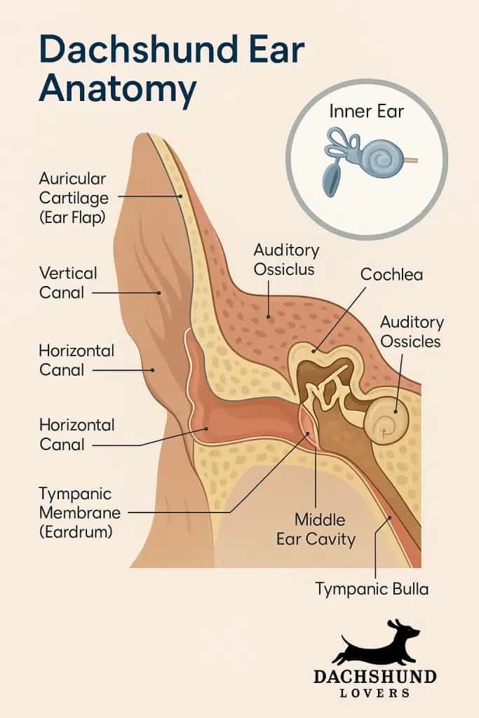 Diagram of dachshund ear anatomy showing labeled parts like auricular cartilage, vertical canal