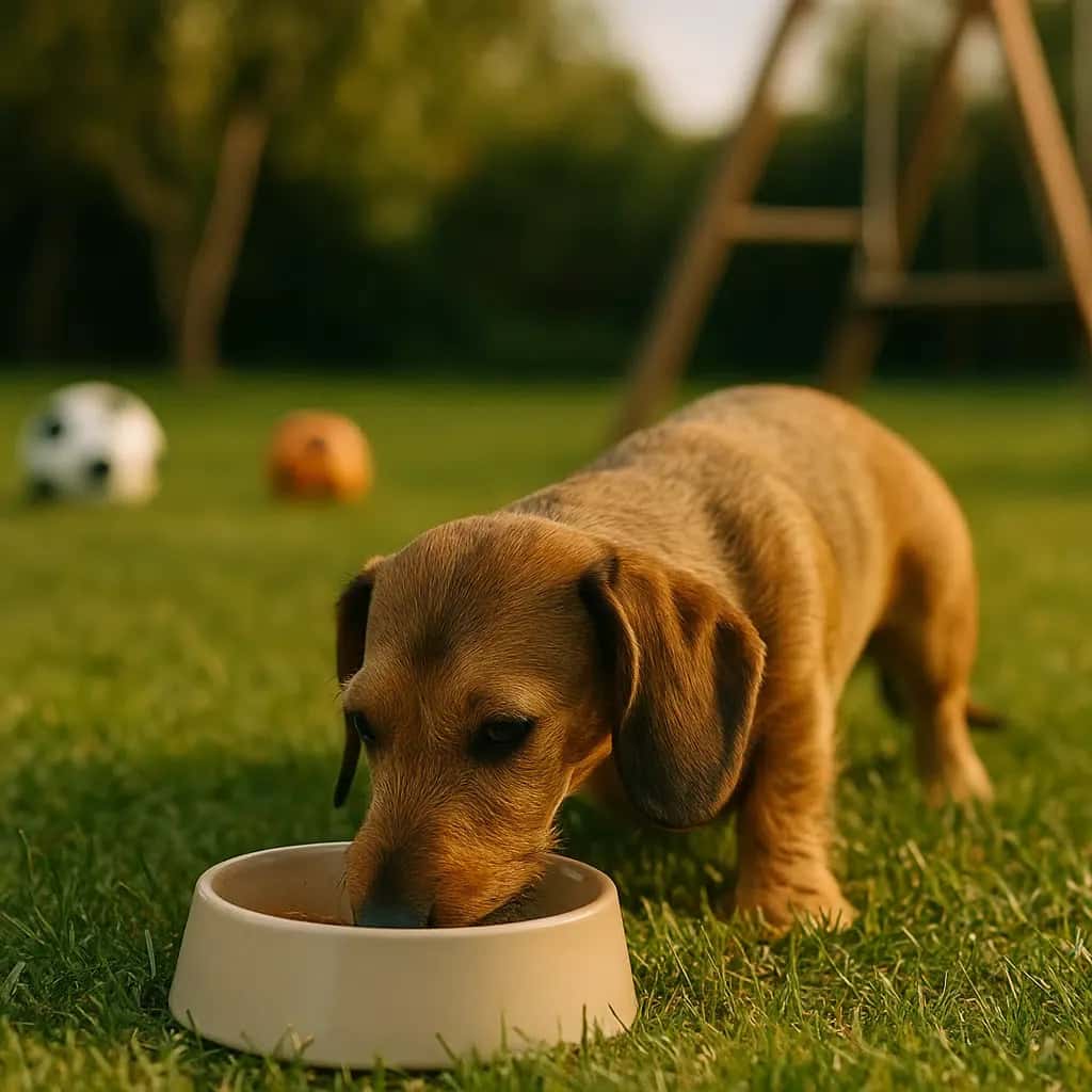 Dachshund eating from a ceramic dog bowl in a grassy backyard with soccer balls 
