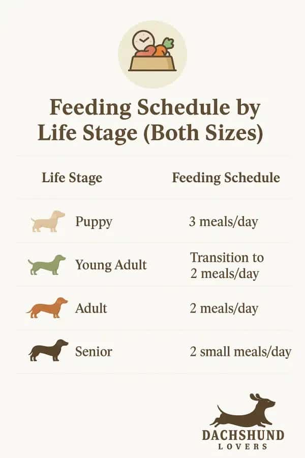 Infographic showing recommended feeding schedule for dachshunds by life stage, including puppy