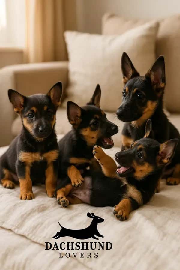 Four Dachshund German Shepherd mix puppies with short legs, black-and-tan coats, and upright ears