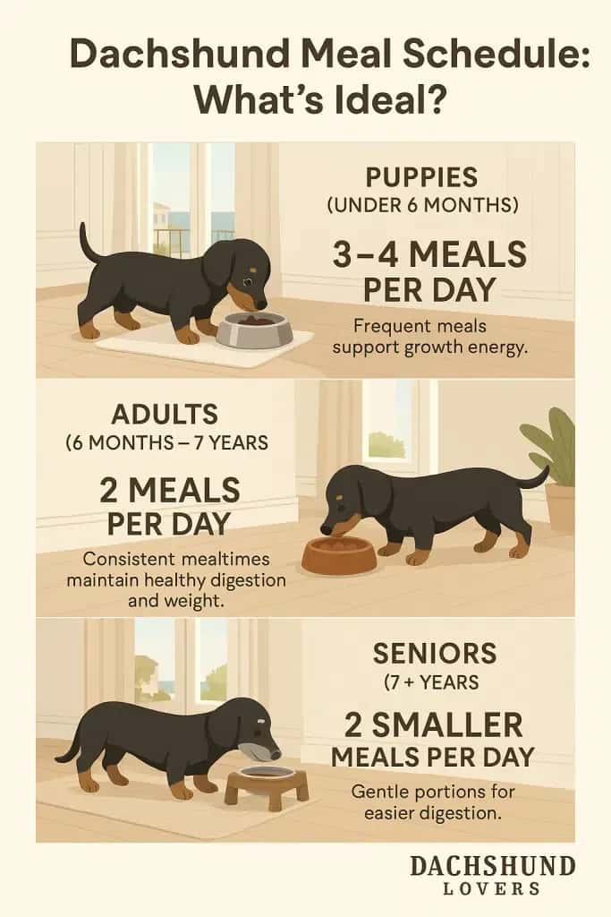 Infographic showing an ideal dachshund meal schedule for puppies, adults, and seniors