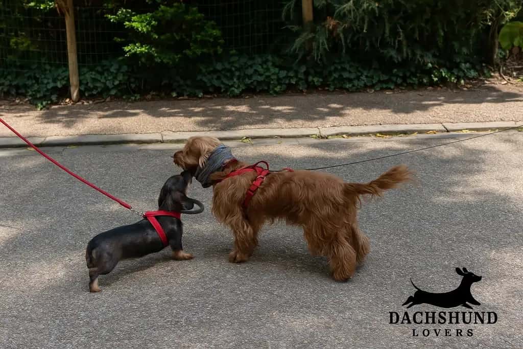 Dachshund meeting a larger brown dog on a walk, both on leashes, showing social interaction