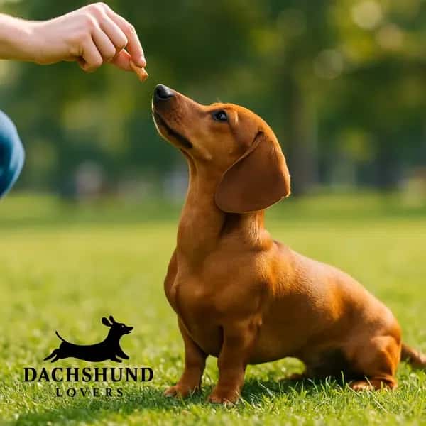 A smooth reddish-brown Dachshund sitting in a park, attentively looking up at its owner 