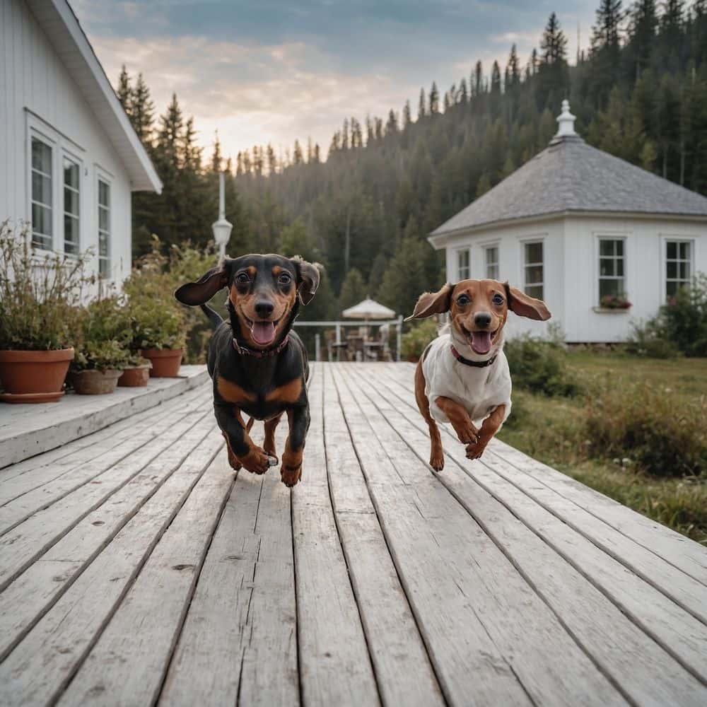 Two happy Dachshunds running on wooden deck between white cottages in mountain countryside
