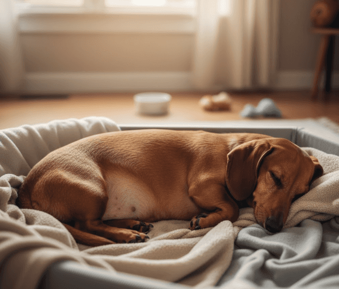 Pregnant dachshund sleeping comfortably in a soft dog bed at home