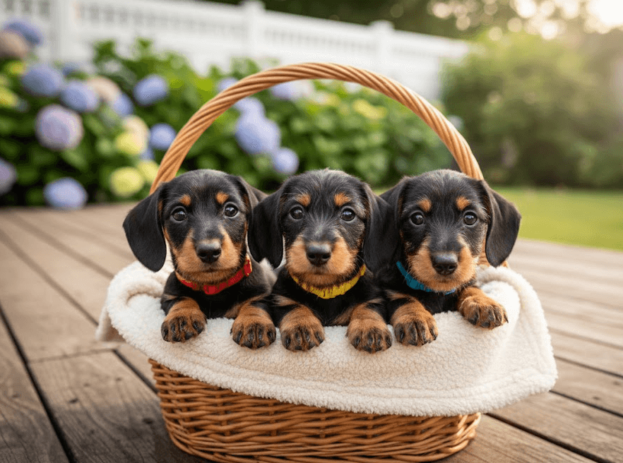 Pregnant dachshund sleeping comfortably in a soft dog bed at home