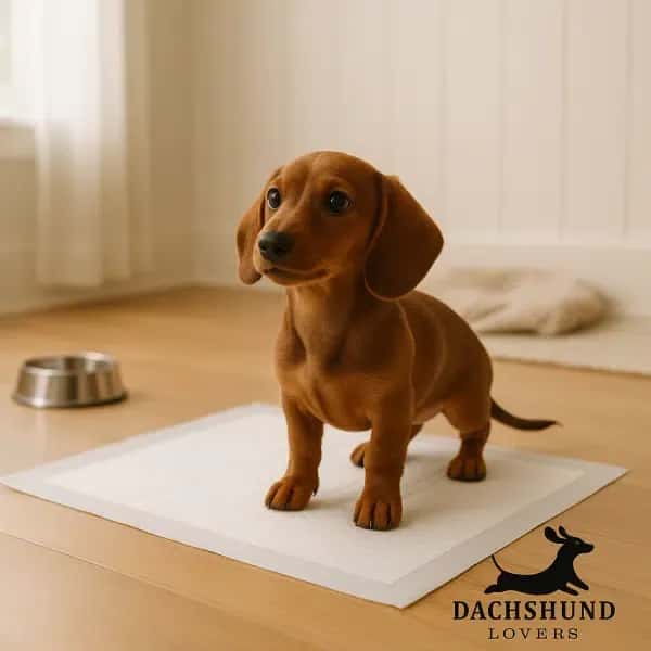 Miniature dachshund puppy standing on a puppy training pad in a Hamptons-style living room