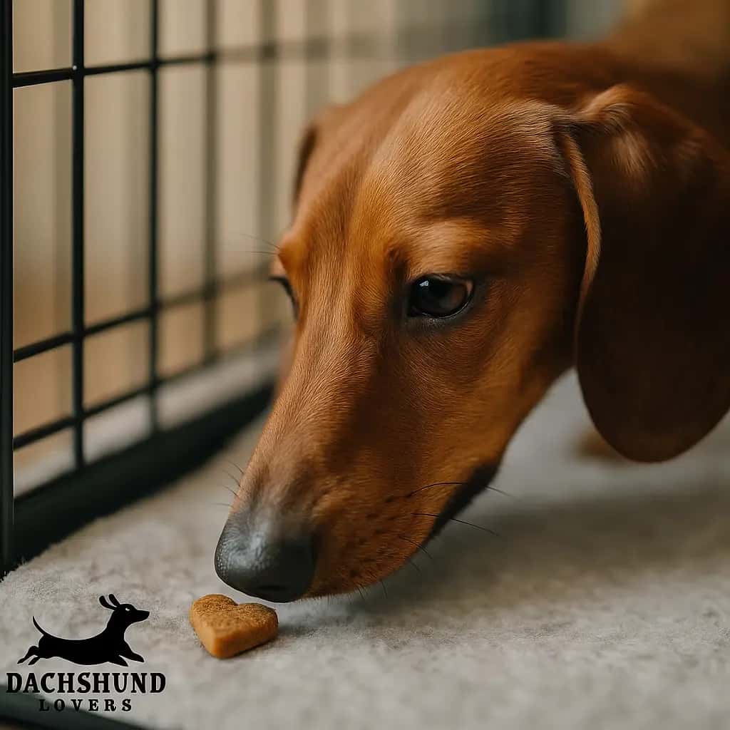 Close-up of a dachshund sniffing a heart-shaped treat inside a crate.