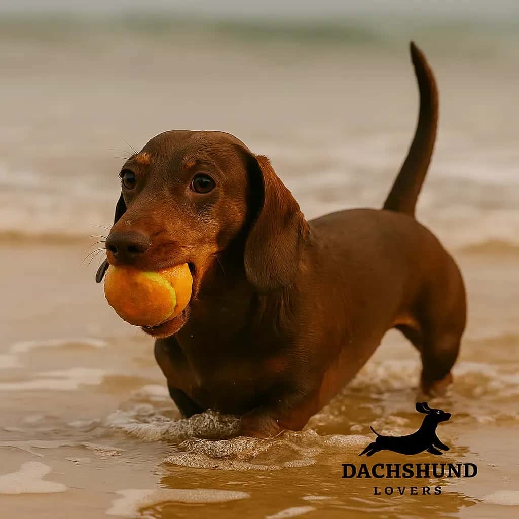Standard brown dachshund swimming at Cronulla Beach with a ball in its mouth