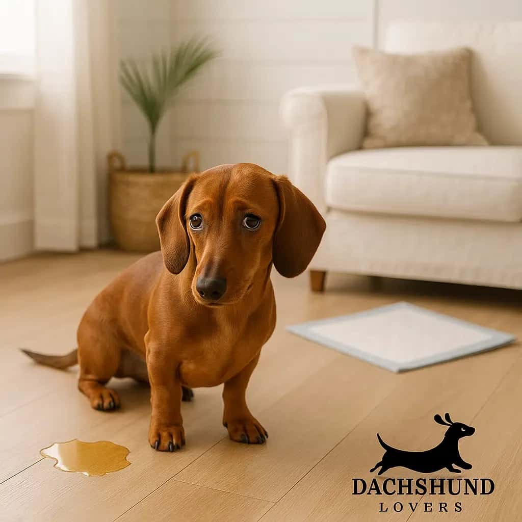 A close-up of a small, brown Dachshund puppy standing on a white and blue quilted puppy pad