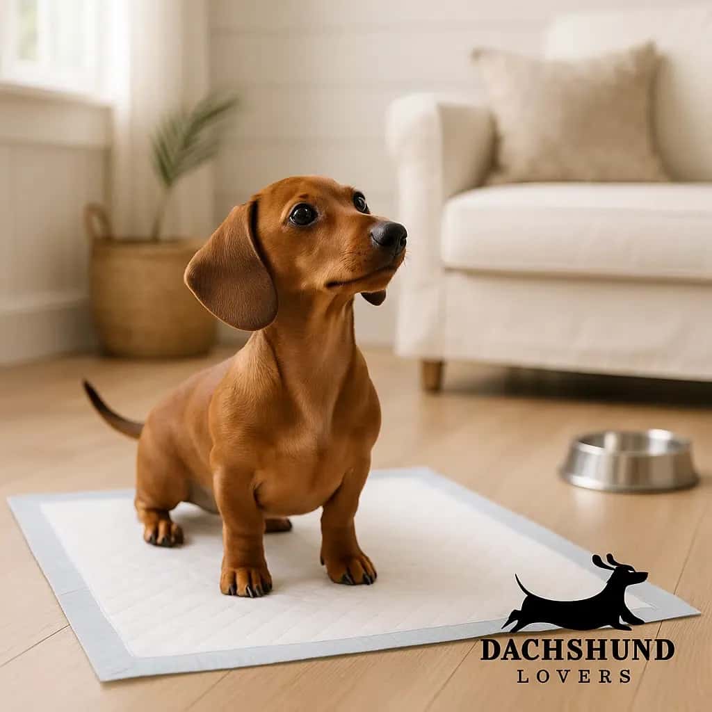 A small, reddish-brown Dachshund puppy with floppy ears stands confidently on a white 