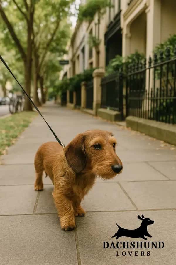 Wire-haired dachshund walking on a paved footpath in Bondi, with leafy trees, heritage terraces