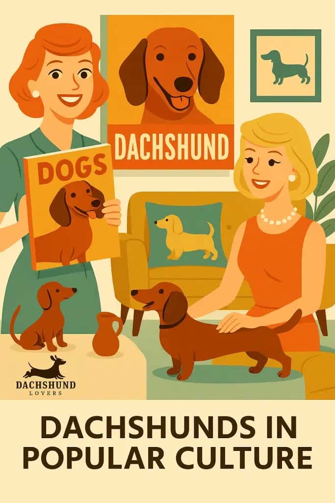 Two women are in a room with dachshund-themed art. One holds a "Dogs" book