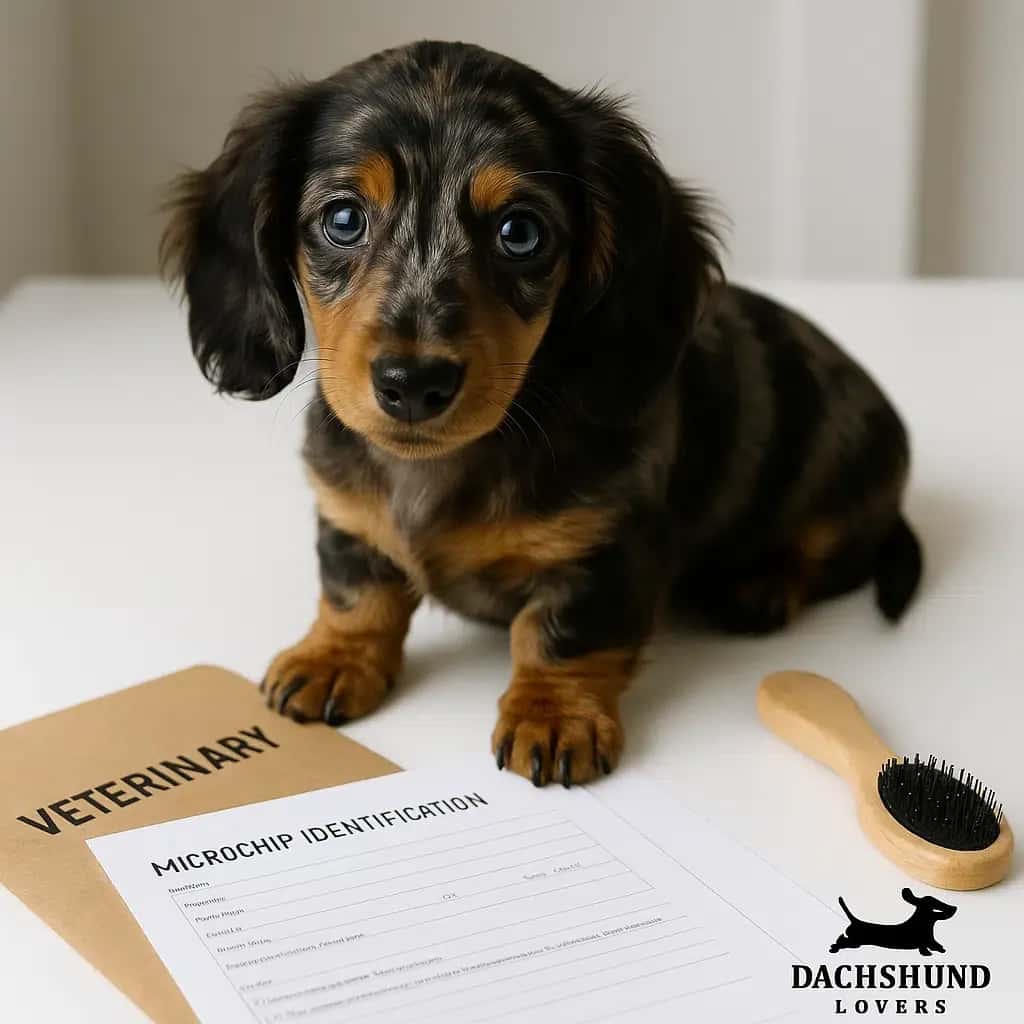 A dapple Dachshund puppy sits on a veterinary table in the sutherland shire next to a microchip 