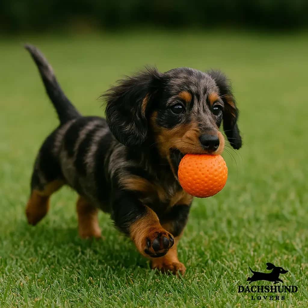dapple dachshund puppy running orange ball lawn