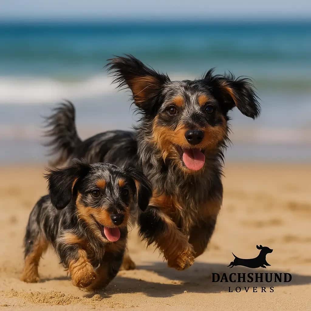 Two playful Dapple Dorkies running on the sand at Wollongong Beach, showing their unique black,