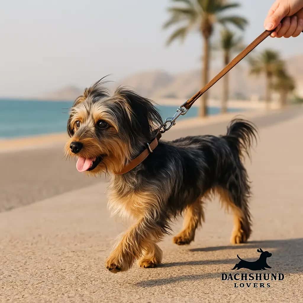 A Dapple Dorkie walking on a lead by the seaside in Oman, showing its mottled black, gray