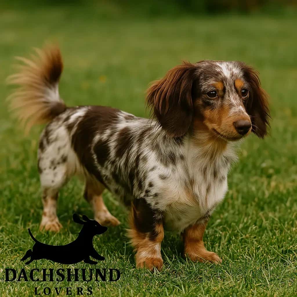 Long-haired dapple piebald dachshund standing on green grass, showing unique coat patterns.