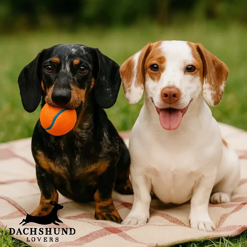 A dapple Dachshund with an orange ball sits beside a smiling piebald Dachshund on a plaid blanket