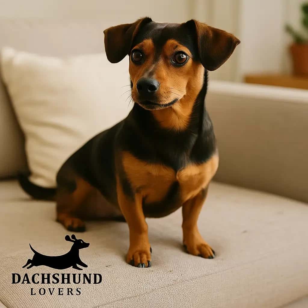 Chiweenie sitting on a light sofa with a few short dog hairs visible, showing light shedding 