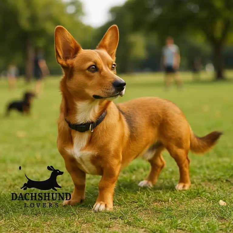 Alert Dorgi standing confidently in a park with ears perked and eyes focused.