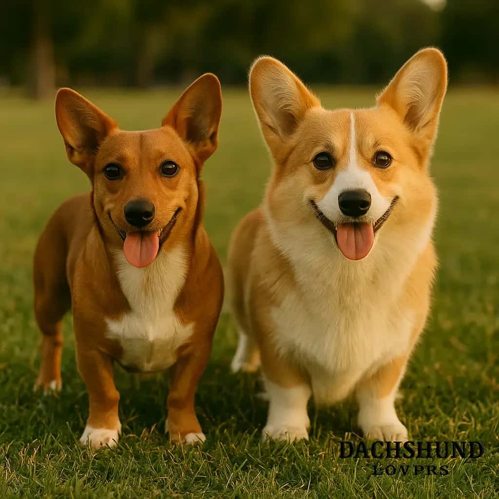 Two happy dogs with tongues out stand on grass. A brown dachshund and a tan corgi