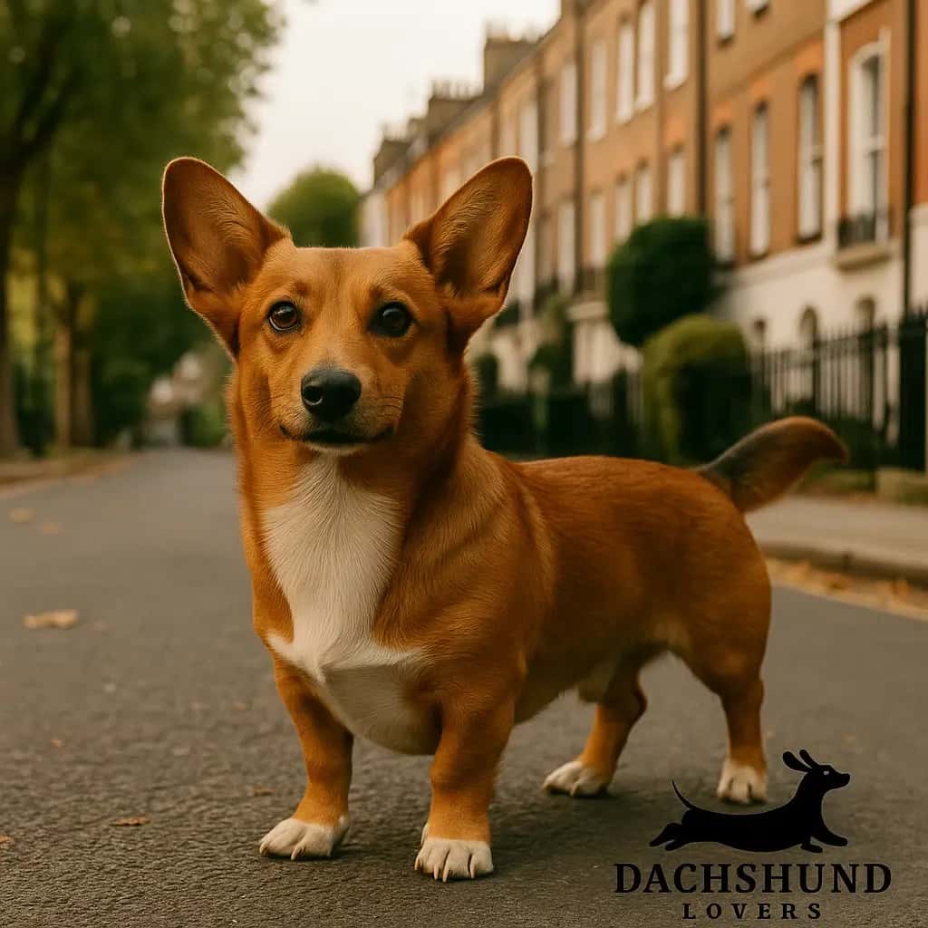 A Dorgi, a Dachshund and Corgi mix with a reddish-brown coat and stands on a street