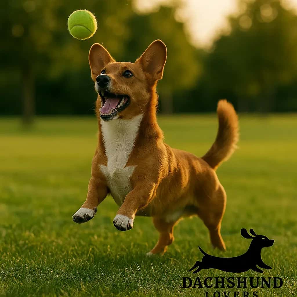 A Dorgi, a Dachshund and Corgi mix, leaps to catch a ball on a grassy field during a sunny day.