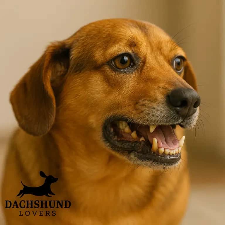 Close-up of a brown dachshund with an open mouth, showing teeth, appearing alert. 