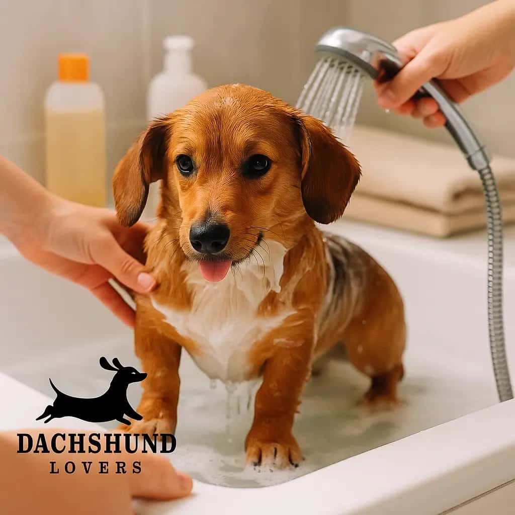 Dorgi puppy being bathed in a home bathtub with soap suds and gentle rinsing