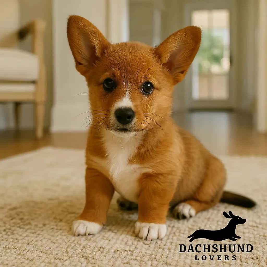 A Dorgi puppy, a Dachshund and Corgi mix, with a reddish-brown coat, short legs