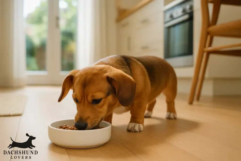 Dorgi puppy eating from a bowl in a bright family kitchen in Rose Bay.