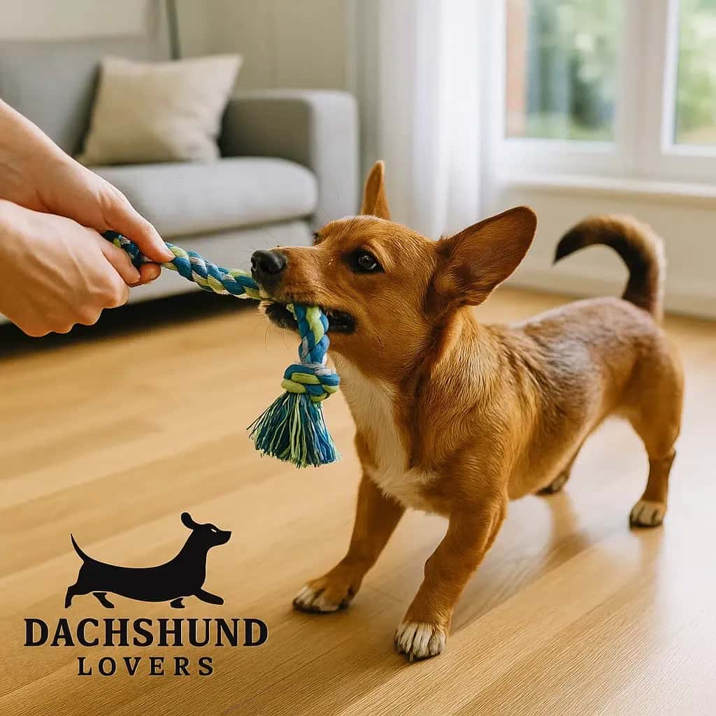 Dorgi puppy playing tug of war with its owner in a modern living room in Wolli Creek